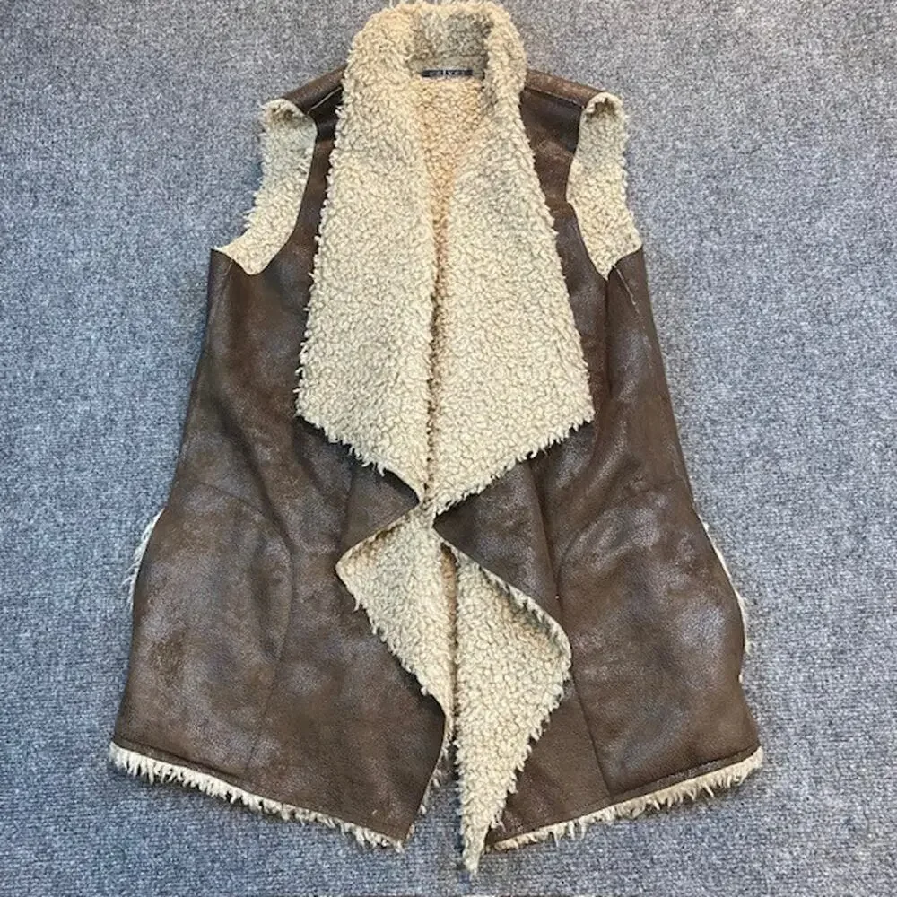 VELVET Graham Spencer Faux Fur Shearling Suede Open Vest Womens Large Boho Chic